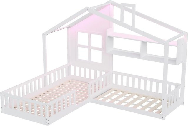 Merax Kinderbett aus Massivholz mit LED-Beleuchtung und Stauraum in Weiß, B/T/H: 90 x 200 x 173,5 cm - Bild 1