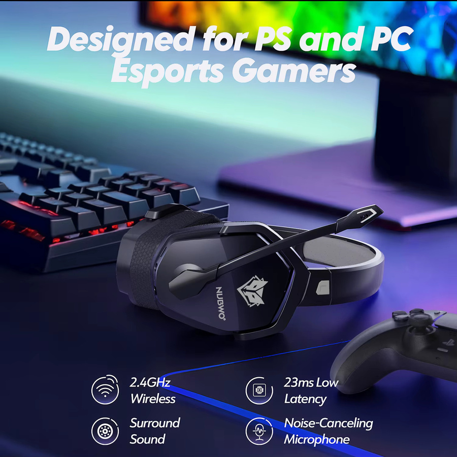 NUBWO G06 Kabellose Gaming-Headsets mit Bluetooth 5.3 und 2,4 GHz Verbindung, Dual-Mikrofon, Schwarz/Orange, kompatibel mit PS5, PS4, PC, Mobilgeräten und Nintendo Switch - Bild 2