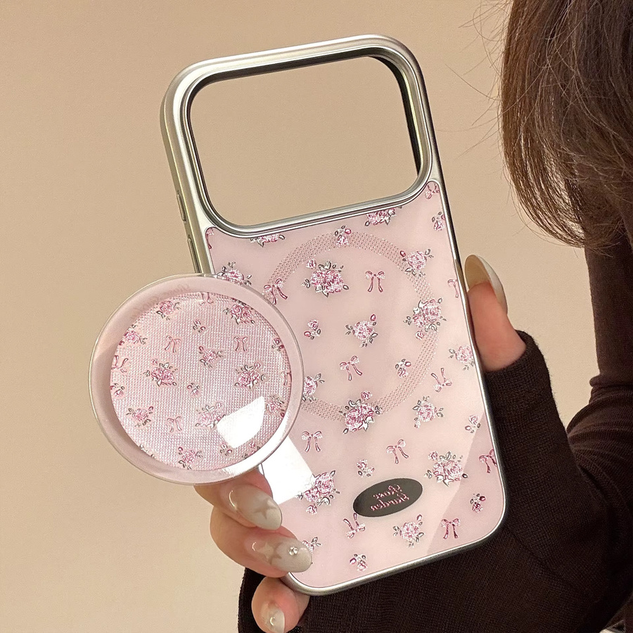 MUQGEW Handyhülle mit koreanischem Blumenmuster und silberner Randbeschichtung für iPhone 12 bis 17 Pro Max, magnetisch und stoßfest, Farbe: Pink/Silber - Bild 3