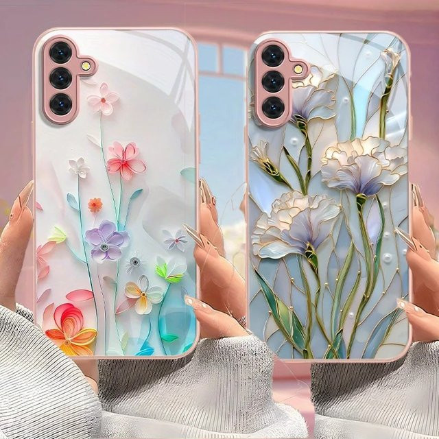 Luxuriöse Retro-Blumen-Handyhülle mit gehärteter Glasrückseite für Samsung Galaxy S26 S25 S24 S23 S22 S21 S20 Note20 FE Edge Plus Ultra 4G 5G in Multicolour - Bild 1