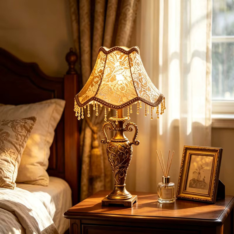 Vecli Retro-Tischlampe aus Harz und Stoff in Gold/Messing mit warmweißem Licht für Wohnzimmer und Schlafzimmer - Bild 3