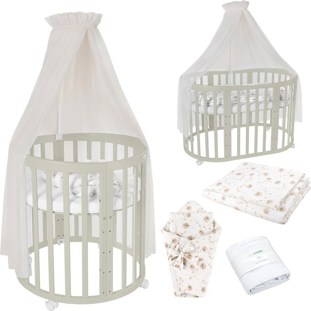Waldin Babybett OWAL 7in1 Kinderbett aus Buchenholz mit Matratze, mitwachsendes Kinderbett, lackiert - Bild 1