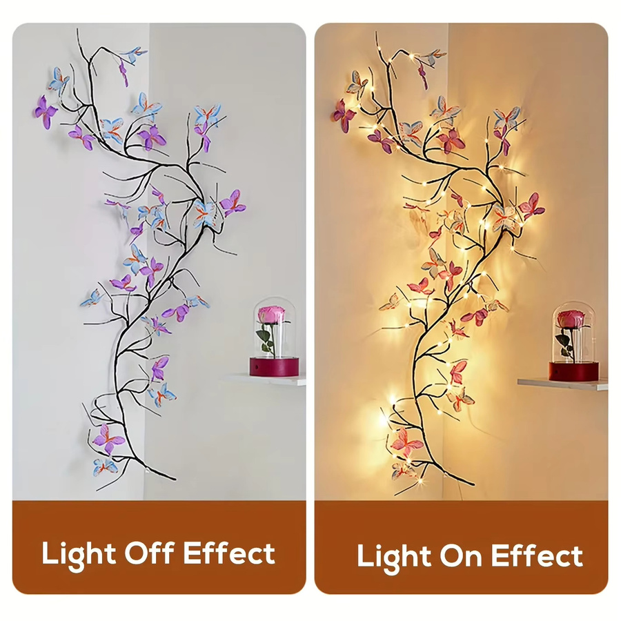 DUNDUN LED-Lichterkette mit Weidenreben und Schmetterlingen in Warmweiß und Multicolour, USB-Betrieb mit Fernbedienung und 8 Modi zur Schlafzimmerdekoration - Bild 3