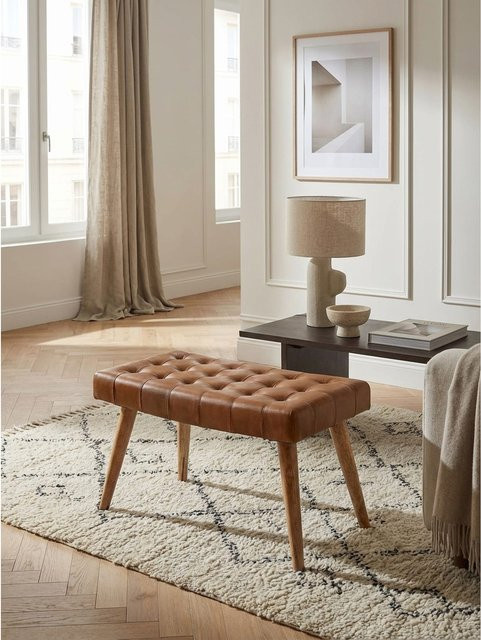 Sitzhocker KADIMA DESIGN im Chesterfield-Design aus Mango Massivholz und braunem Echtleder, B: 67 cm, T: 47 cm, H: 39 cm - Bild 1