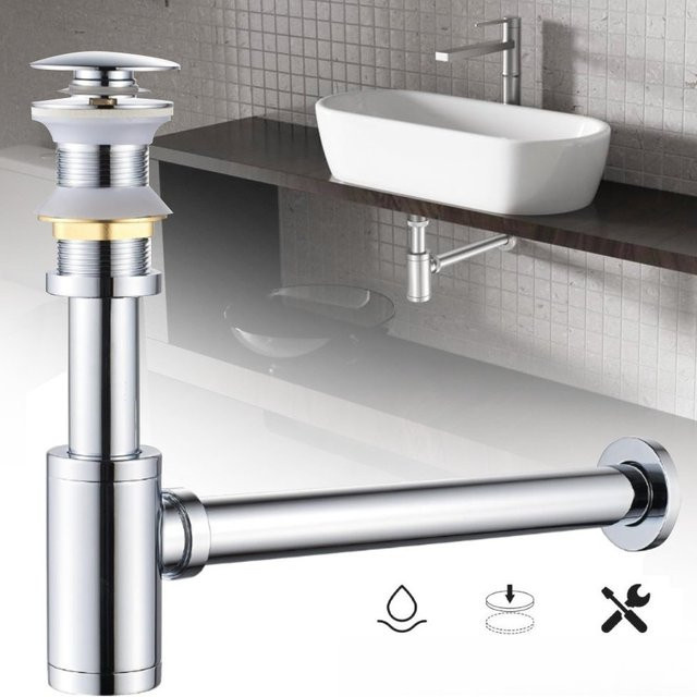 Waschbecken-Flaschenablauf P-Siphon aus gebürstetem Messing mit 1-1/4 Zoll Einsteckanschluss und Klick-System für dein Badezimmer - Bild 1