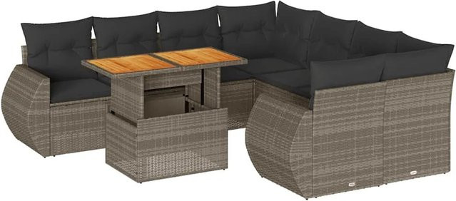 vidaXL 9-tlg. Garten-Sofagarnitur in L-Form aus Poly-Rattan und Akazienholz in Grau mit Kissen - Bild 1