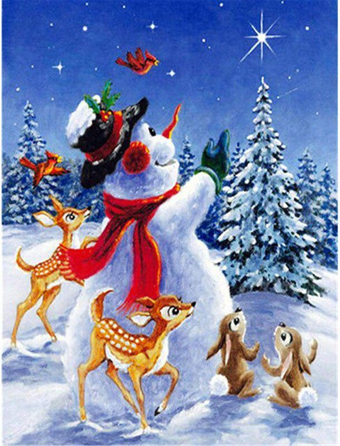 Diamantgemälde FIYO Weihnachtsschneemann mit runden Bohrern, Motiv Illustration, Mehrfarbig, B x H: 30 x 20 cm - Bild 1