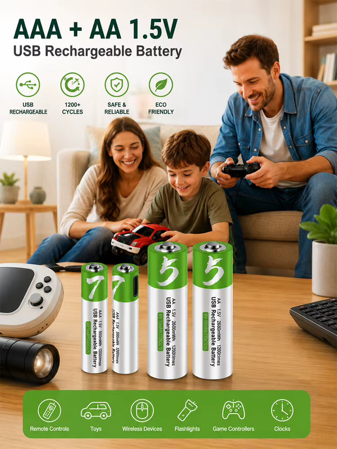Wiederaufladbare AA und AAA Batterien Typ-C in Grün mit 750mAh und 2600mAh für Wecker, Bluetooth-Lautsprecher, Maus und Spielzeug - Bild 4