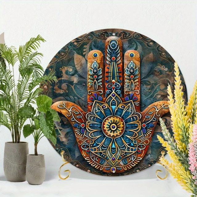 HELLOYOUNG Hamsa-Hand Metallwandkunst mit Blumen- und Mandala-Design, Multicolour, B/H: 20,3 x 20,3 cm - Bild 1