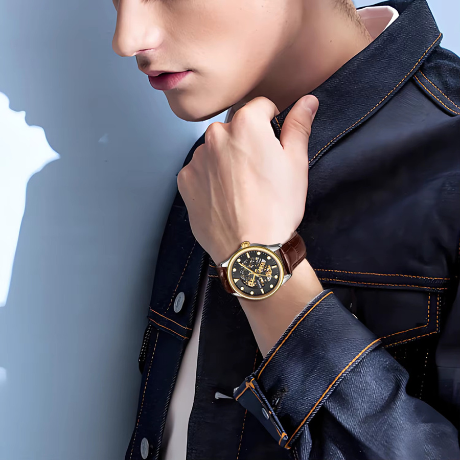 Deesio Herren-Skelettuhr, Automatik, Edelstahl, Lederarmband, Saphirglas, Schwarz - Bild 5