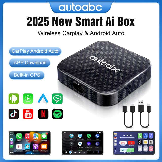 AUTOABC Drahtloser CarPlay und Android Auto AI Box Adapter mit integriertem Play Store, Netflix und YouTube, Farbe: Schwarz, kompatibel mit Toyota, Mazda, Hyundai, Haval, GMC und Ford - Bild 1