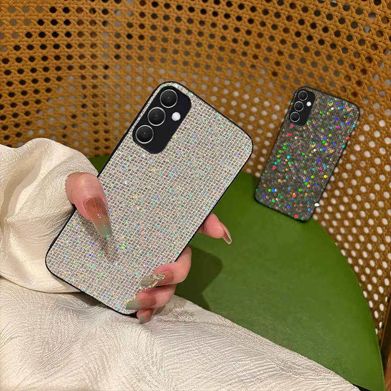 Luxuriöse Glitzer-Gitter-Lederhülle für Samsung Galaxy S25 S24 S23 S26 Plus FE Ultra A57 A16 A35 A55 Stoßfeste weiche Schutzhülle in Schwarz und Silber - Bild 4