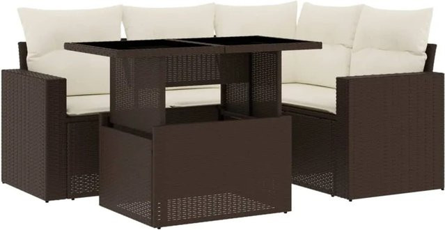 vidaXL 5-tlg Garten-Sofagarnitur in L-Form aus braunem Poly-Rattan mit wetterfesten Kissen und Metallrahmen - Bild 1
