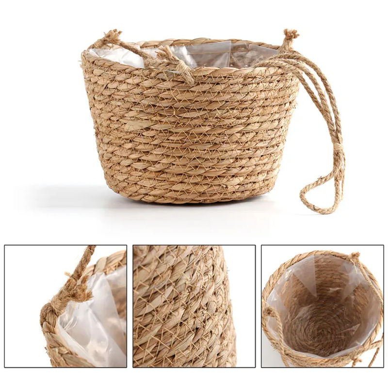 Dekorativer Blumenkorb von TOMTOP JMS aus Stroh und Jute in Braun im rustikalen Retro-Stil mit floralem Design und runder Form zum Aufhängen - Bild 3