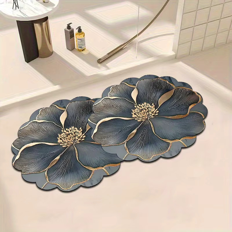 VIKAMA Luxus-Blumenteppich in Tiefblau mit Goldfaden-Blütenblättern, rutschfest und wasserabsorbierend im modernen nordischen Design - Bild 3