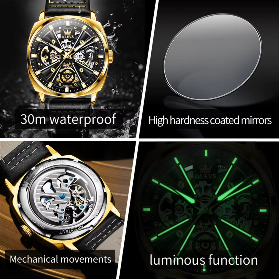 OLEVS Armbanduhr, Automatik, Leder, Schwarz, Gold, Bicolor, Herren - Bild 5
