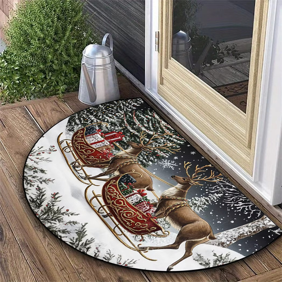 VIKAMA Weihnachtsteppich mit Rentier und Schlitten, halbkreisförmiger Druckteppich, rutschfest und waschbar - Bild 4