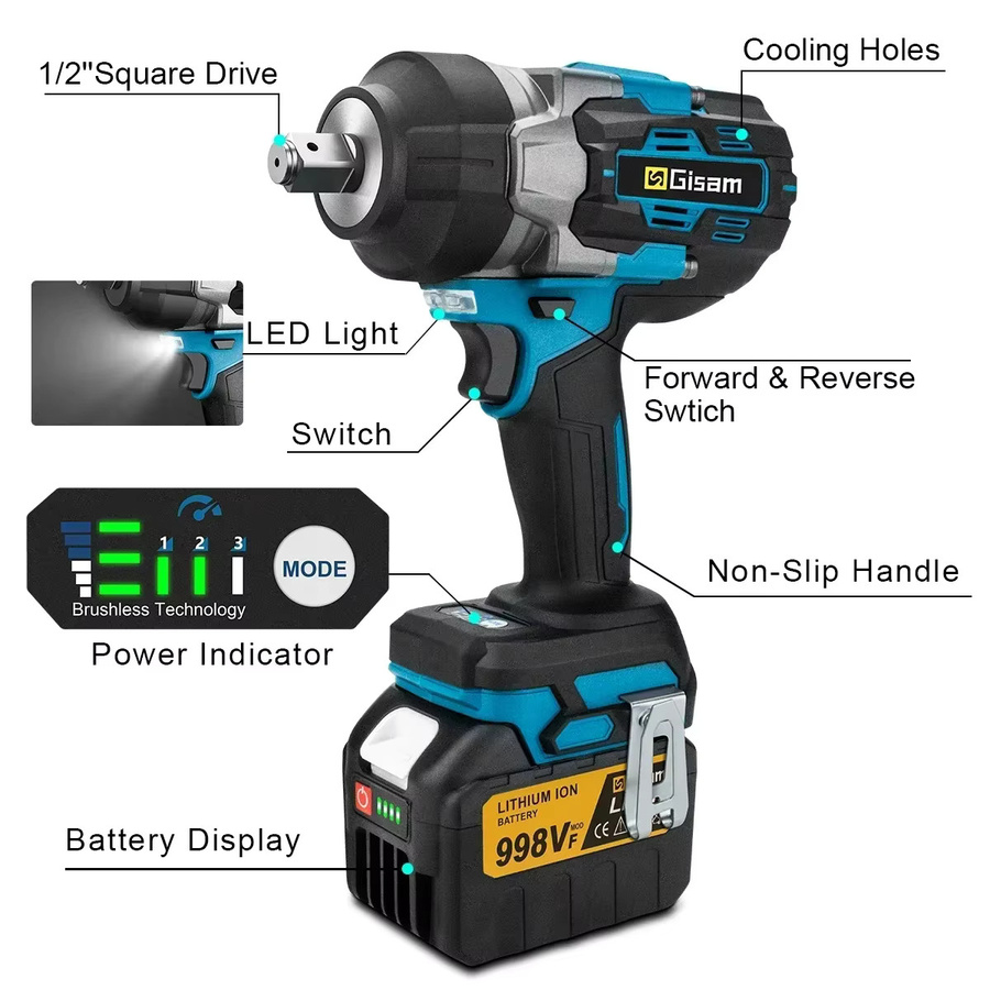 Gisam GΣ 2800 N.M Bürstenloser Akku-Schlagschrauber mit 1/2 Zoll Antrieb für Makita 18 V LXT Batterien - Bild 3