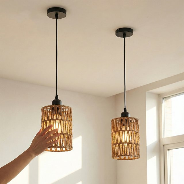 OSABO Rattan Deckenlampe im Boho-Stil, handgewebte Zylinder-Pendelleuchte aus Hanfseil-Imitat in Braun für Flur, Restaurant und Hotel - Bild 1
