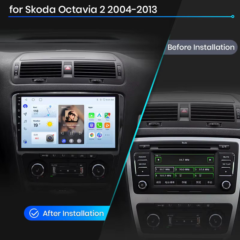 Junsun Wireless CarPlay und Android Auto Autoradio für Skoda Octavia 2 A5 2008-2013 mit GPS, WiFi, 4G, Bluetooth und IPS Touchscreen in Schwarz - Bild 2