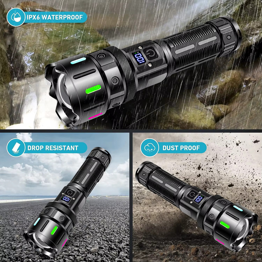 JIASHUAIXIN Hochleistungs-LED-Taschenlampe in Schwarz, wiederaufladbare taktische Zoom-Taschenlampe mit Power-Display und USB-C-Anschluss - Bild 2