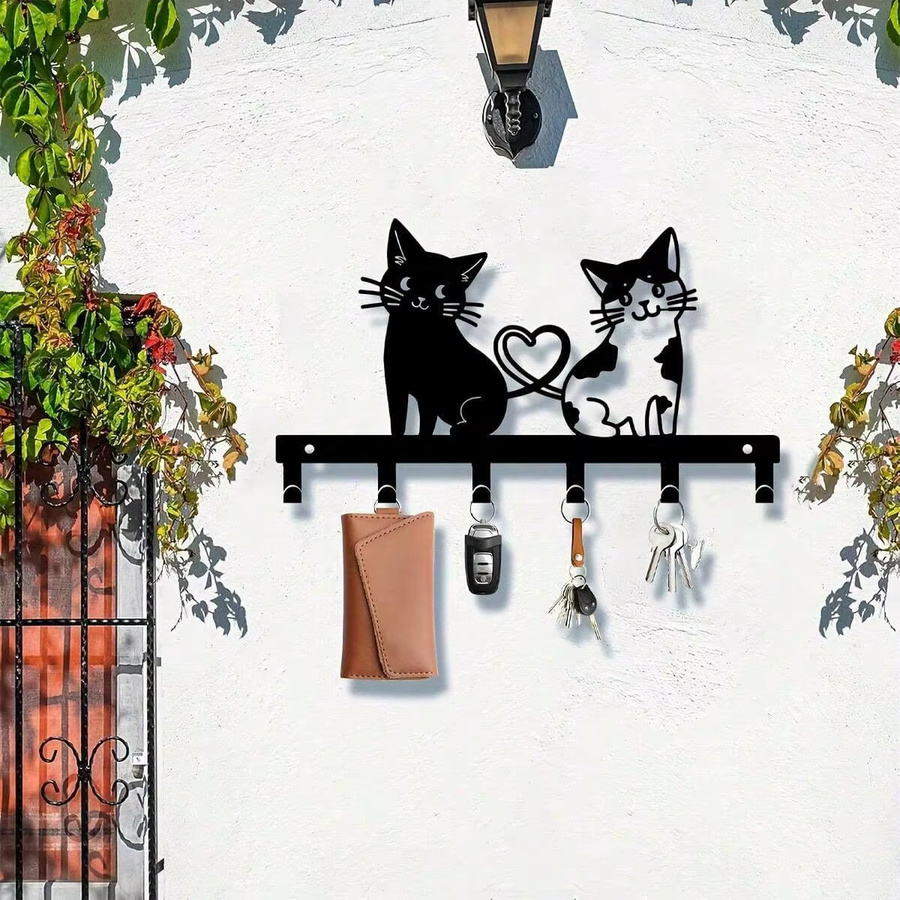 CIFBUY Brand Double Cat Schlüsselhalter zur Wandmontage aus schwarzem Metall mit Herz-Design und Aufbewahrungsregal - Bild 4