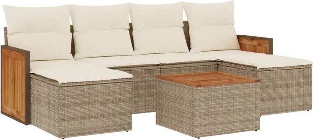 vidaXL 7-teilige Garten-Sofagarnitur in L-Form aus Poly-Rattan und Akazienholz mit Kissen in Beige und Cremeweiß - Bild 1