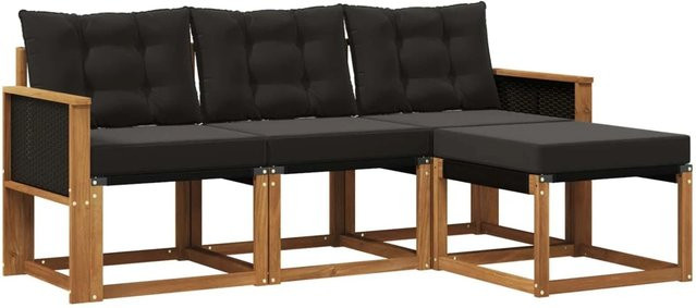 vidaXL Outdoor-Sofagarnitur L-Form aus Akazienholz mit 4 Kissen in Schwarz und Natur - Bild 1