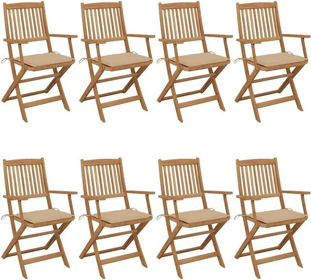 Set aus 8 klappbaren Gartenstühlen von vidaXL aus Akazien-Massivholz mit Kissen in Braun und Beige - Bild 1
