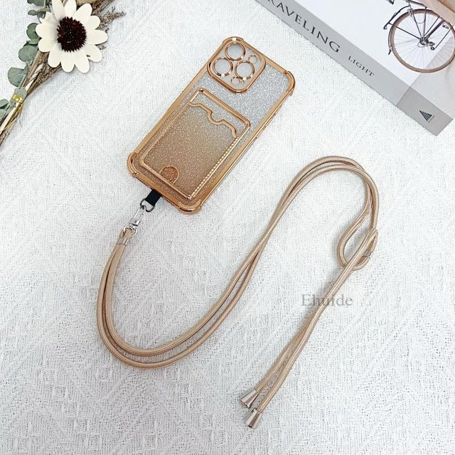 Glitzer Handyhülle mit Lanyard und Kartenfach für Xiaomi Redmi Note 14 13 12 Pro 14C 13C Mi 14T 13T 12T 11T in Transparent Gold mit Crossbody Kordel Riemen - Bild 1