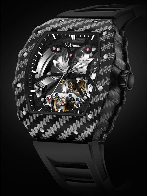 dulunwe Armbanduhr, Tourbillon, Skelett, Schwarz, Edelstahl, Herren - Bild 1
