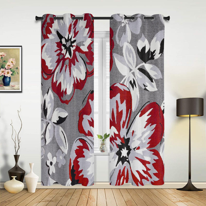 Dekorativer Fenstervorhang mit Blumenmuster von Binchi Outdoor Equipment in Rot und Grau, halbtransparent, Breite: 135 cm, Höhe: 60 cm - Bild 3