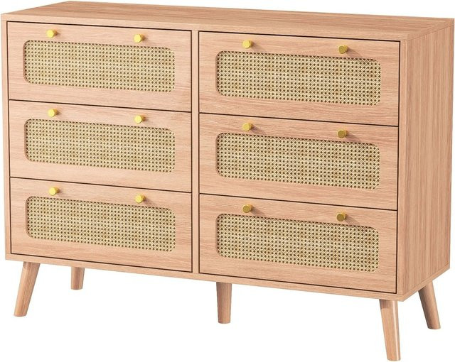 PXloue Holzkommode mit 6 Schubladen und Rattan-Design in Braun, B/T/H: 100 x 34 x 73 cm - Bild 1