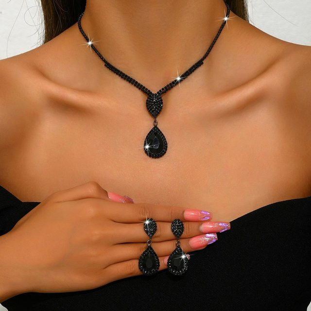 Lucky Star Jewelry Schmuck-Set, Halskette, Ohrringe, Messing, Schwarz, Zirkonia, Kristall, Damen, 49cm - Bild 1