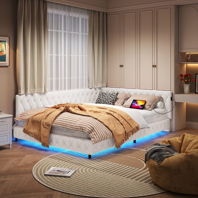 L-förmiges Schlafsofa aus Teddystoff von WoodenAura in Weiß mit LED-Beleuchtung und USB-Anschluss, B/T/H: 200 x 140 cm - Bild 1