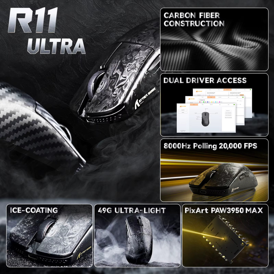 ATTACK SHARK R11 ULTRA Kabellose Gaming-Maus aus Kohlefaser in Schwarz mit 42000 DPI, 8000Hz Polling Rate und PAW3950MAX Sensor, 49g Leichtgewicht - Bild 2