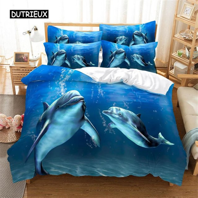 Bettwäsche Set mit Delfin-Motiv in Blau von Binchi Outdoor Product, bestehend aus Bettbezug und Kissenbezug aus Mikrofaser, B/H: 135 x 200 cm - Bild 1
