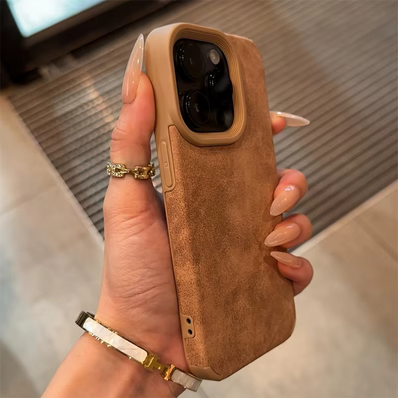 Ojeleye Business Wildleder Handyhülle mit Anti-Rutsch-Funktion für iPhone 16, 15, 14, 13, 12, 11 Pro Max Plus in Braun - Bild 2