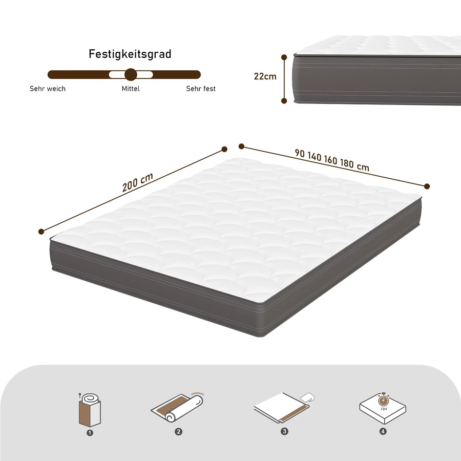 Luvanza Hybrid Matratze mit 7-Zonen Taschenfederkern und Komfortschaum, H4 fester Liegekomfort, Grau-Weiß, B/T: 90 x 200 cm - Bild 3