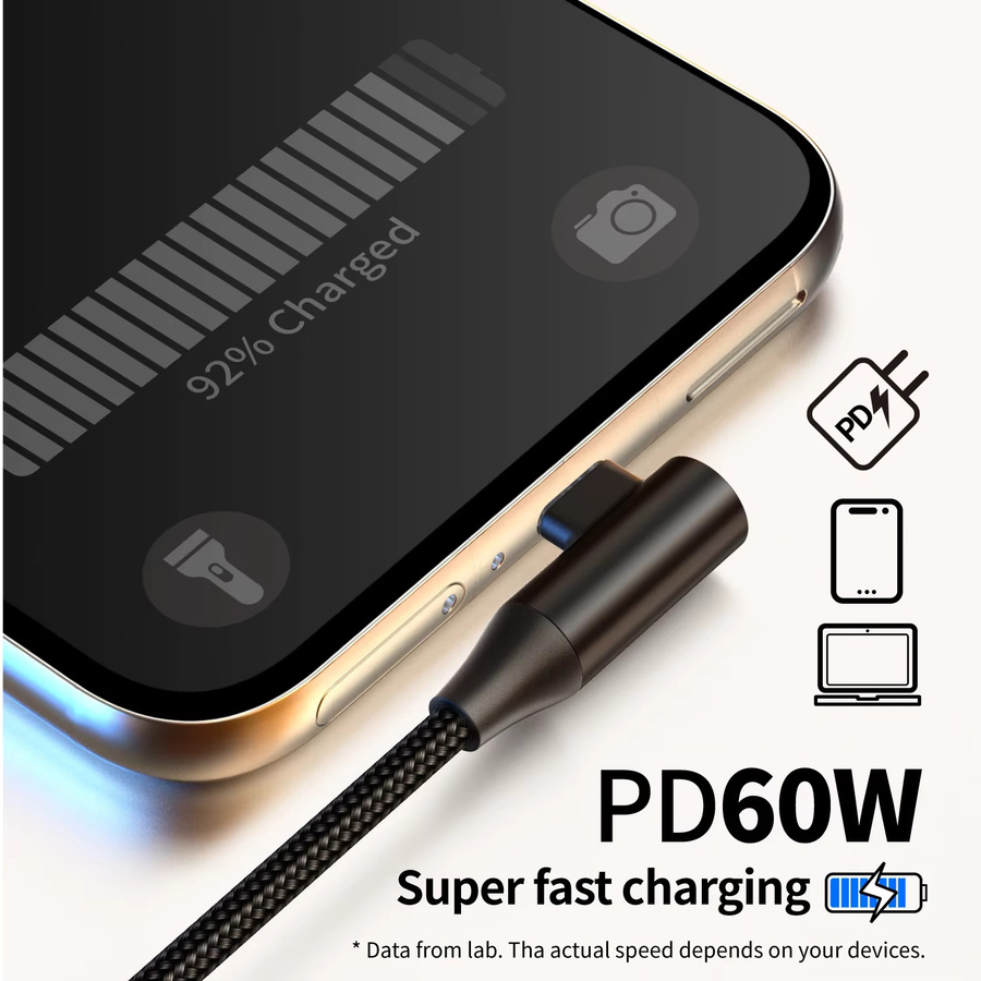 USB-C zu Typ-C Schnellladekabel 60W 3A mit 90 Grad angewinkeltem Design aus Nylon geflochten in Schwarz für Smartphones, Tablets und Kopfhörer - Bild 6