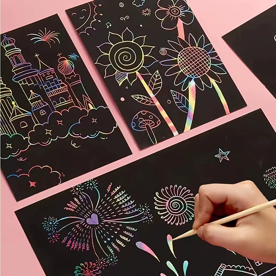 2er-Pack Regenbogen-Kratzpapier für Kinder, DIY Neon-Kratzbuch mit Holzstab, Schwarz und Mehrfarbig - Bild 2
