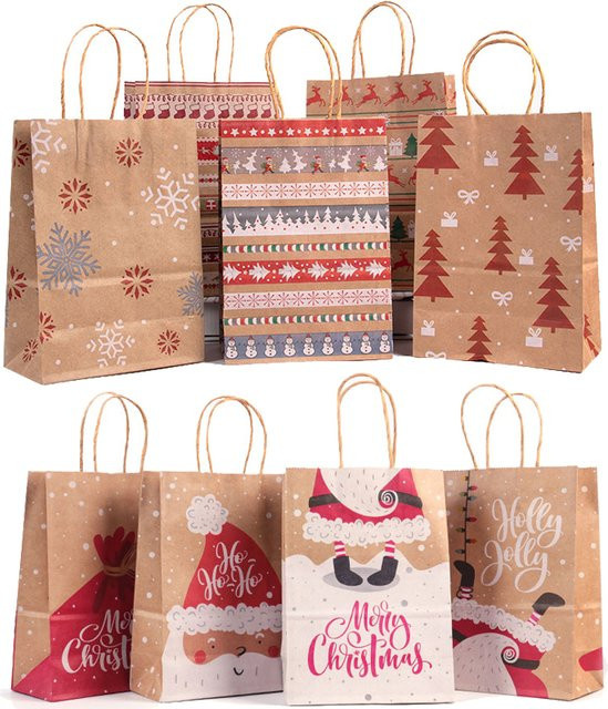 5 Stück Weihnachts-Geschenktüten aus Kraftpapier mit Griff von Joy-enlife in Braun und Mehrfarbig mit Weihnachtsmann, Elch und Schneeflocken Motiven - Bild 1