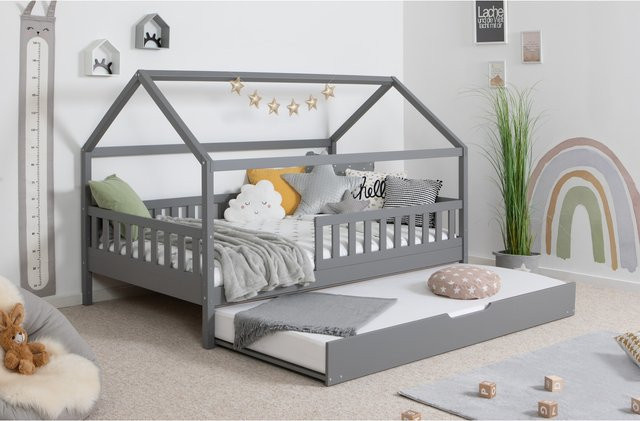 TiCAA Kinderbett Hausbett Kay Montessori aus Kiefer Massivholz, Weiß, inkl. Rolllattenrost, Matratze, Zusatzbett und Rausfallschutz - Bild 1