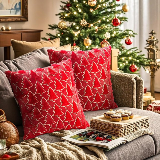 2er-Set inyahome Weihnachts-Dekokissenbezüge aus weichem Stoff in Rot und Schwarz - Bild 1