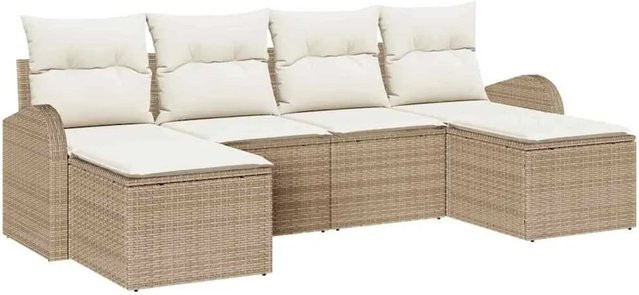vidaXL Garten-Sofa-Set aus Polyrattan in Beige, 6-teilig mit Kissen und Fußhockern - Bild 1