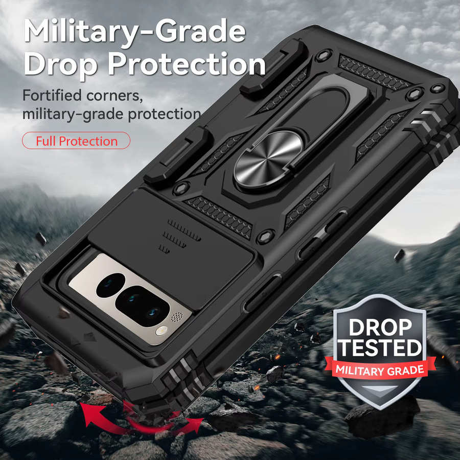 Stoßfeste Militär-Handyhülle für Google Pixel Fold 7,6 Zoll mit Metallhalter und Kameraobjektivschutz in Schwarz oder Grün - Bild 2