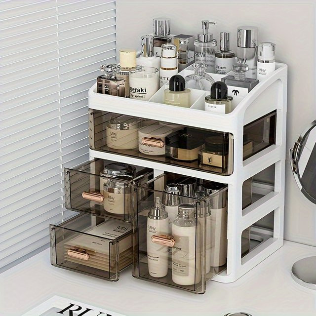 Staubdichte Kosmetik-Aufbewahrungsbox mit Schublade und Deckel in Weiß, Desktop-Präsentationsregal für Hautpflegeprodukte aus Kunststoff, Breite: 26,0 cm, Tiefe: 23,0 cm - Bild 1
