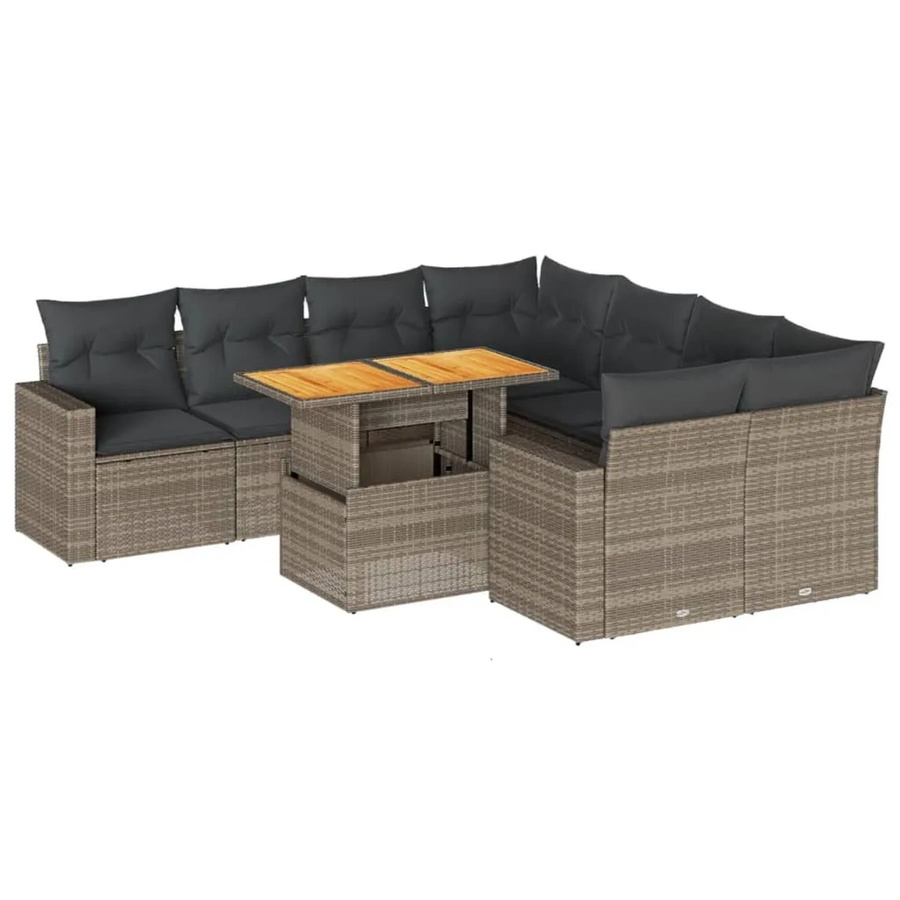 vidaXL 9-teilige Garten-Sofagarnitur aus Poly-Rattan und Akazienholz in Grau mit Kissen - Bild 2