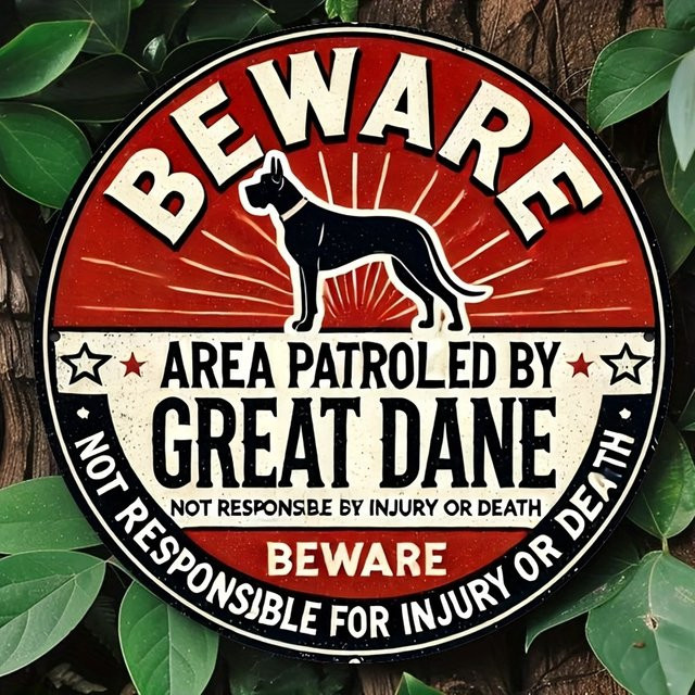 Potdemiel Wandkunst Great Dane Warning Area Patrol Reminder Vintage Metallschild Rund Rot Durchmesser: 20 cm - Bild 1