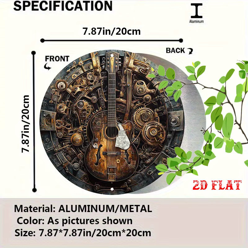 CIFBUY Steampunk Gitarren Wandkunst aus Aluminium, rundes Metallposter mit Zahnrad-Design in Multicolour für dein Wohnzimmer oder Musikstudio - Bild 3